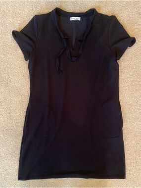 Calvin Klein Knit V-Neck Tunic Blouse Black Short Sleeve Pockets Tie Size L